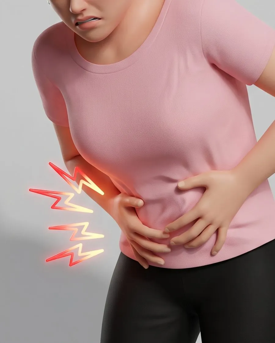 소화불량으로 복부 통증을 느끼는 모습